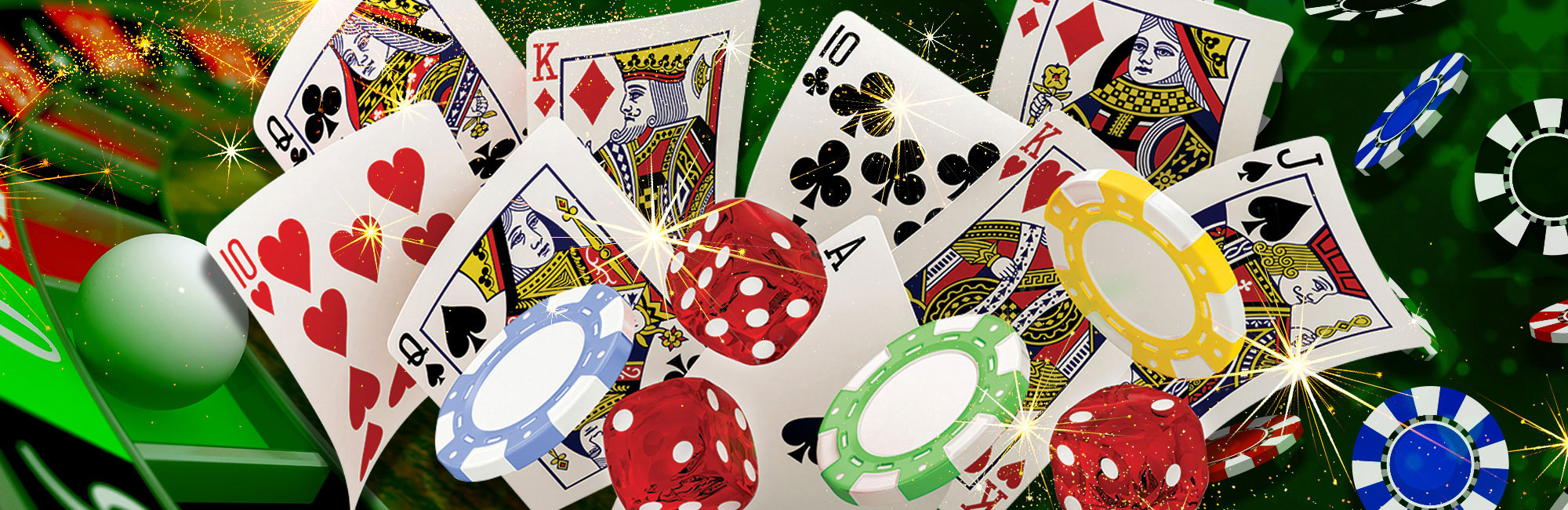 A collage of a roulette wheel, playing cards, poker chips and dice